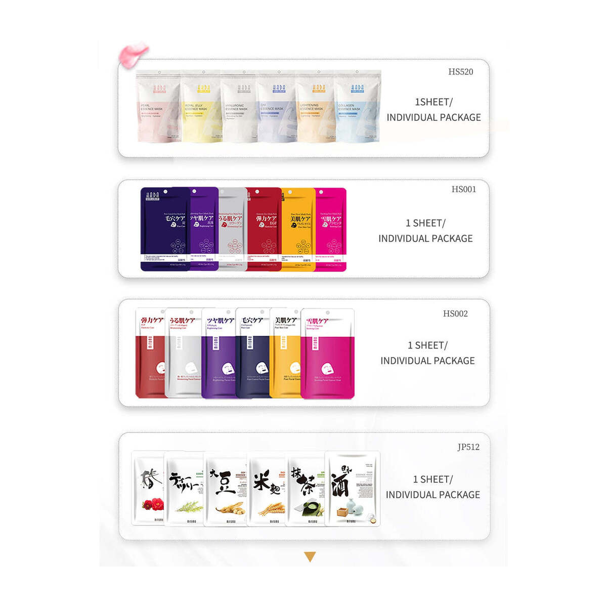 An assortment of individually packaged Japanese sheet face masks.