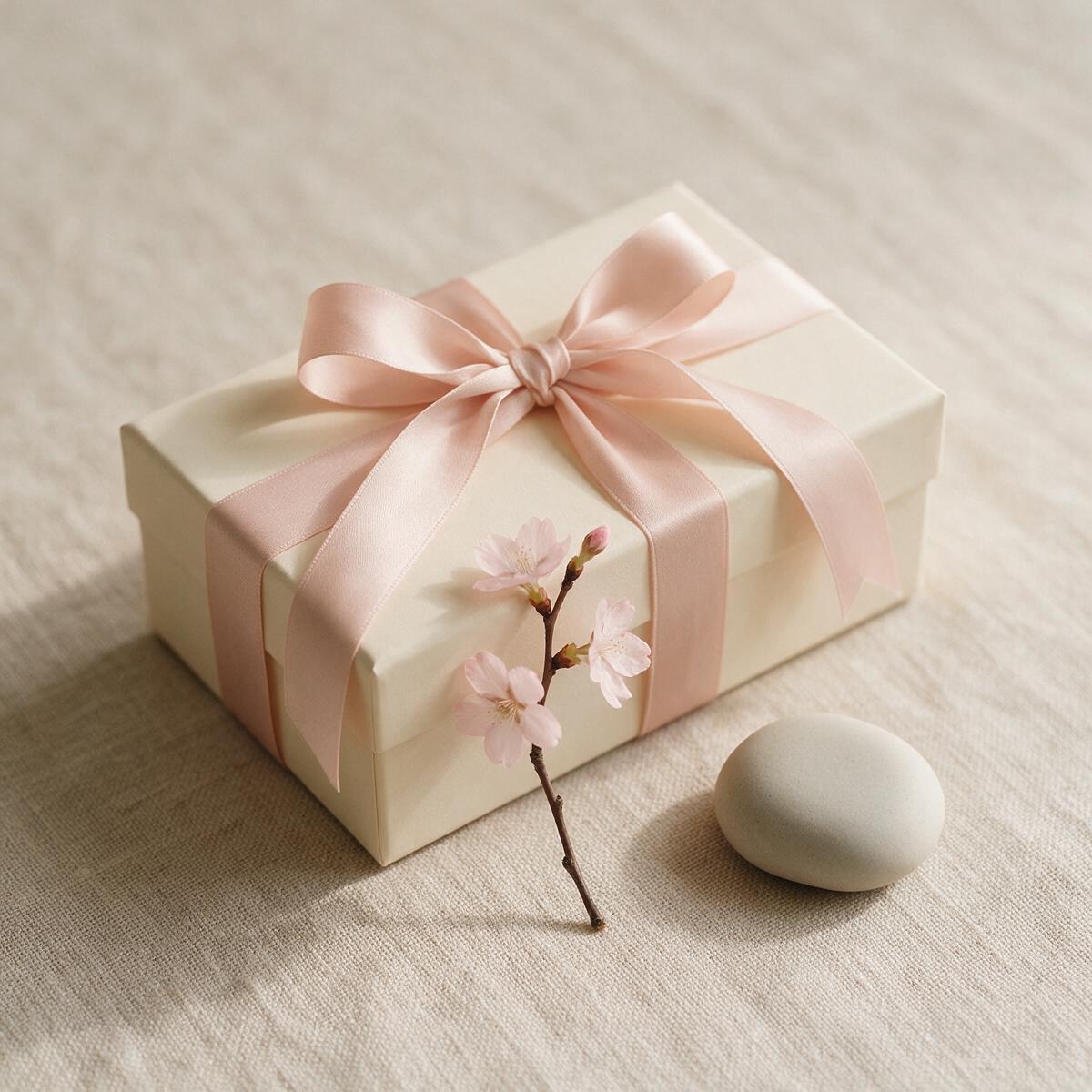 A calm, tasteful self-care flatlay in soft neutral tones with a plain discreet package and a sprig of cherry blossom.