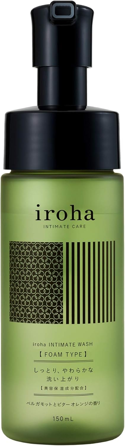 A bottle of iroha Intimate Wash, the foam-type intimate cleanser by iroha, the self-care brand of TENGA.
